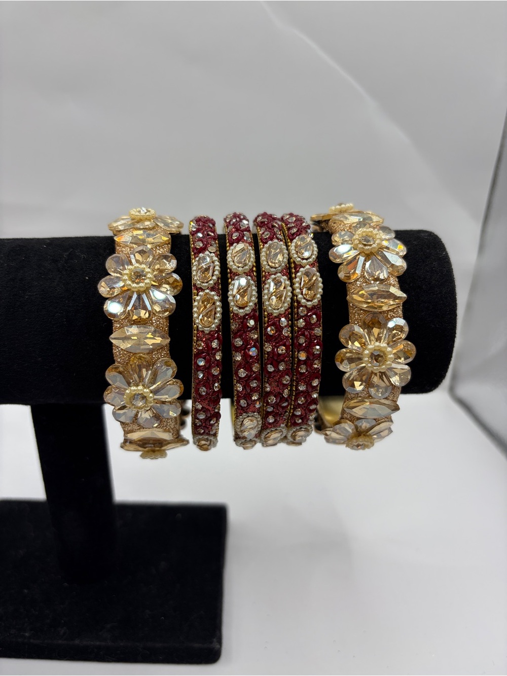 Gold & Maroon Floral Crystal Bangle Set - Women Jewelry